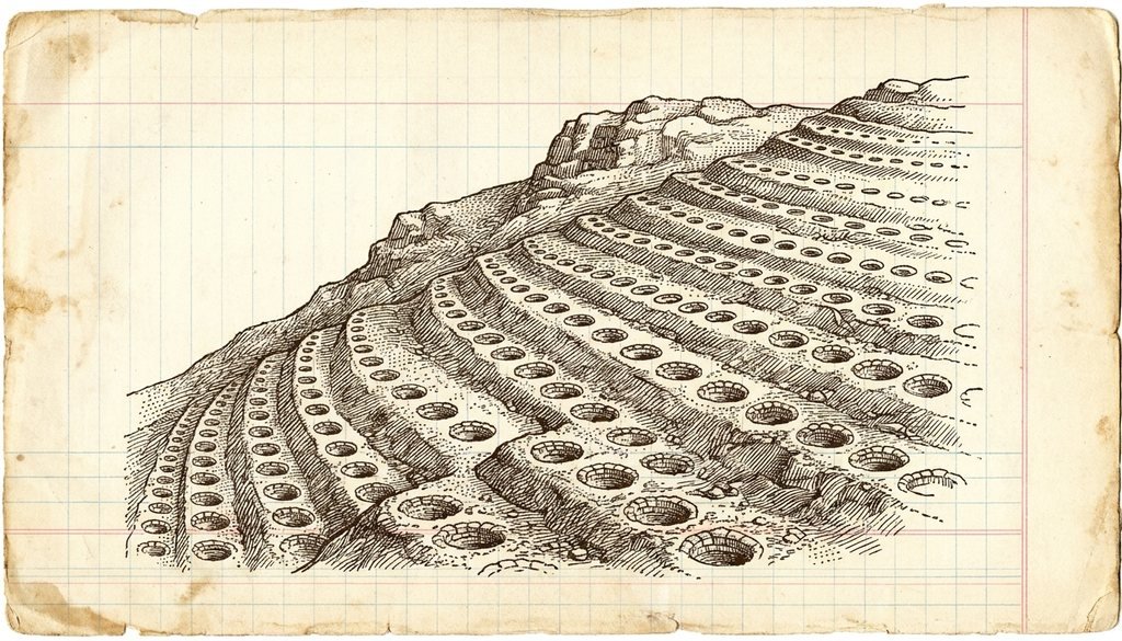 The Band of Holes, Pisco Valley, Peru Pen-and-ink field drawing of the stone-lined pits of Monte Sierpe marching in rows up the slope