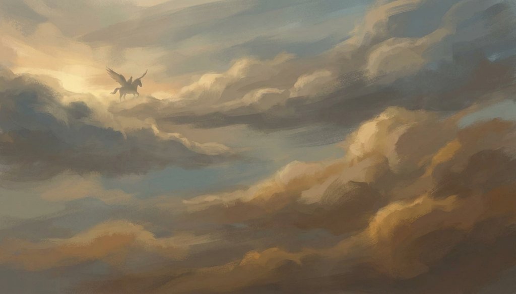 Pegasus and Bellerophon A distant winged horse and rider against a vast dawn sky