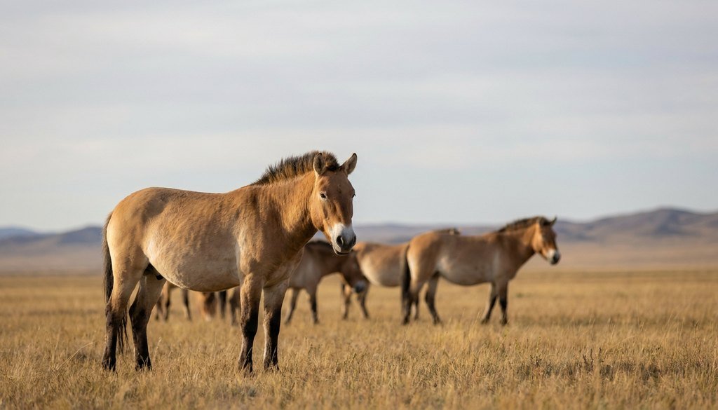 Przewalski's horse, once extinct in the wild Przewalski's horses standing on open Mongolian grassland