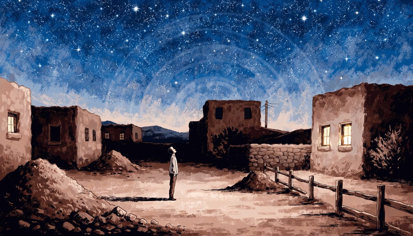 The Taos Hum A lone figure looks up at a star-filled sky over adobe buildings in Taos, New Mexico